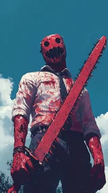 Sky-high horror hero with a brutal crimson chainsaw.
