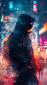 Neon phantom drifter stalks through ember-lit cyber fog.