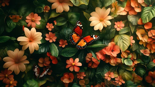 Monarch butterfly resting among dense orange garden flowers.
