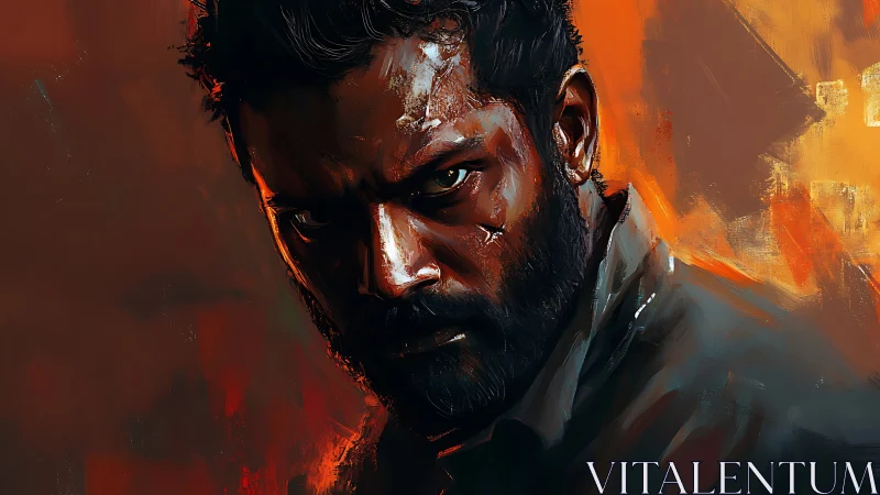 Male portrait with intense gaze and warm abstract backdrop.