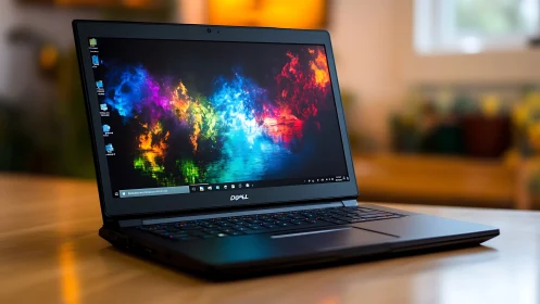 Slim Dell laptop on desk shows vivid high-gamut IPS display