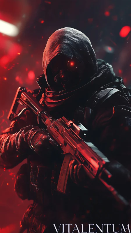 Shadowy cyber soldier stands ready in glowing red haze