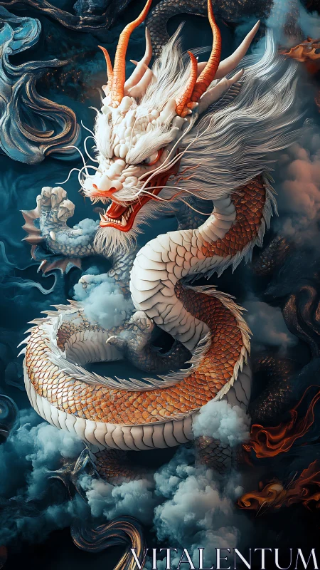 Mythic white dragon coils through storm clouds in fury