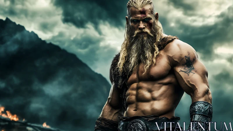 Storm-lit Viking warrior poised on a brooding frontier.