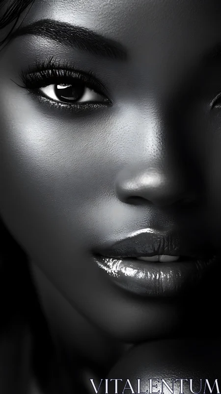 Close black and white portrait of woman’s face in detail.