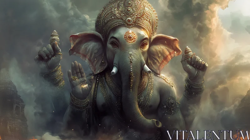 Majestic Ganesha deity rises through luminous storm clouds.