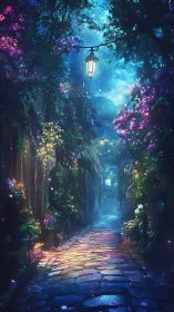 Moonlit cobblestone alley lined with glowing garden flowers.