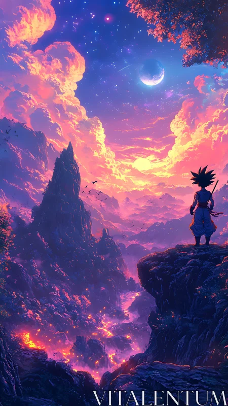 Young adventurer welcomes a glowing cosmic sunset sky