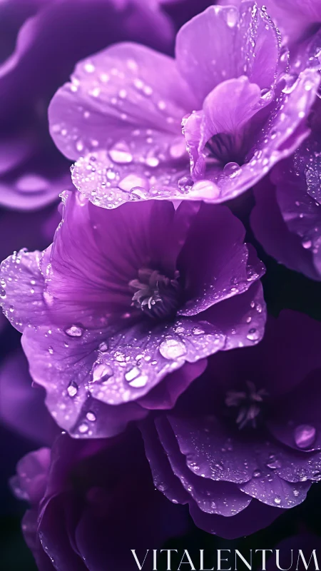 Purple flowers with water droplets in macro close-up detail
