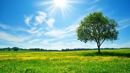 Solitary tree in wide green meadow under bright midday sun.