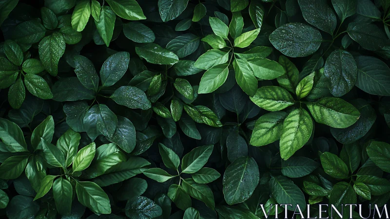 Dense green foliage with water droplets in soft light.