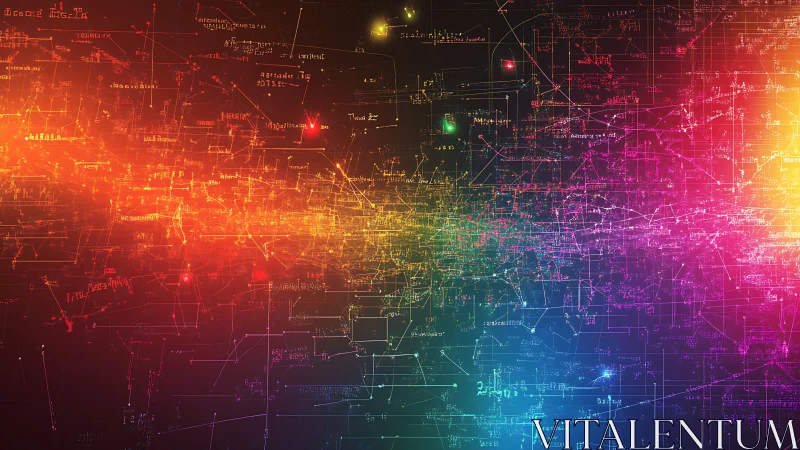 Glowing multicolor data streams intersect across a cybernetic grid