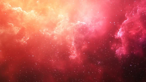 Radiant red nebula glows softly across a distant starfield