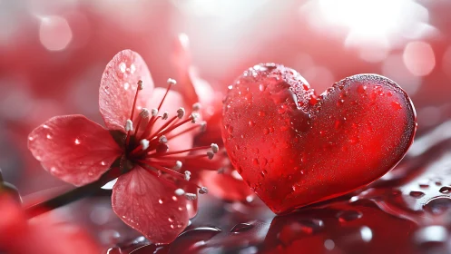 Red Heart and Blooming Flower with Crystallized Frost Droplets