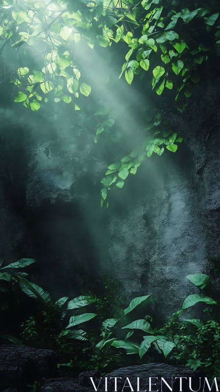 Lush jungle foliage under volumetric light shafts.
