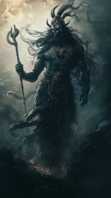 Mythic horned war deity strides through storm-lit smoke field