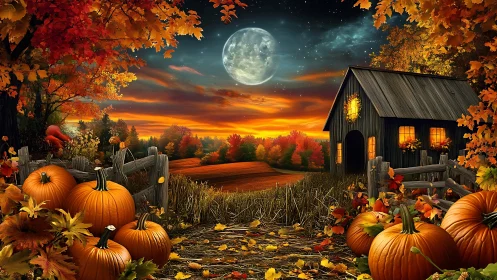 Autumn pumpkin farm under dramatic sunset and harvest moon