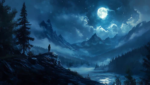 Moonlit wanderer gazes over misty blue mountain valley.