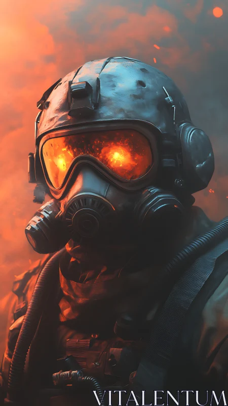 Soldier in gas mask stands in orange firelit smoke