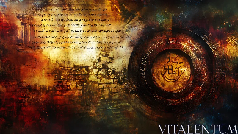 Textured ancient script with circular sigil and fiery patina