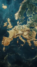 Golden continent of Europe floating on deep teal seas.