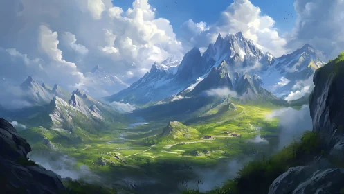 Sunlit alpine valley opens beneath towering snow peaks