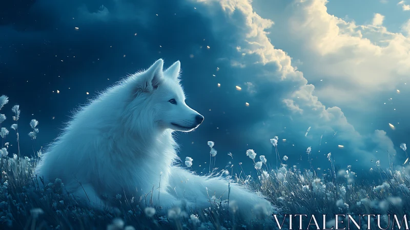 Luminescent white dog rests under cinematic twilight clouds