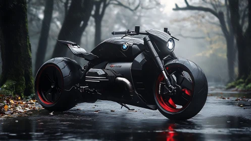 Futuristic BMW concept motorcycle dominates wet forest road.