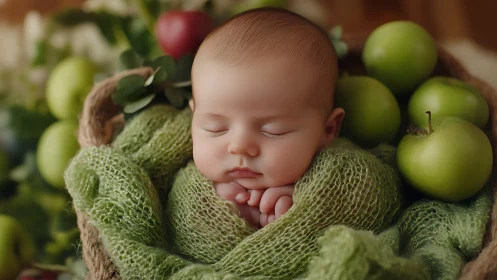 Precious Newborn Nestled Among Fresh Green Apples