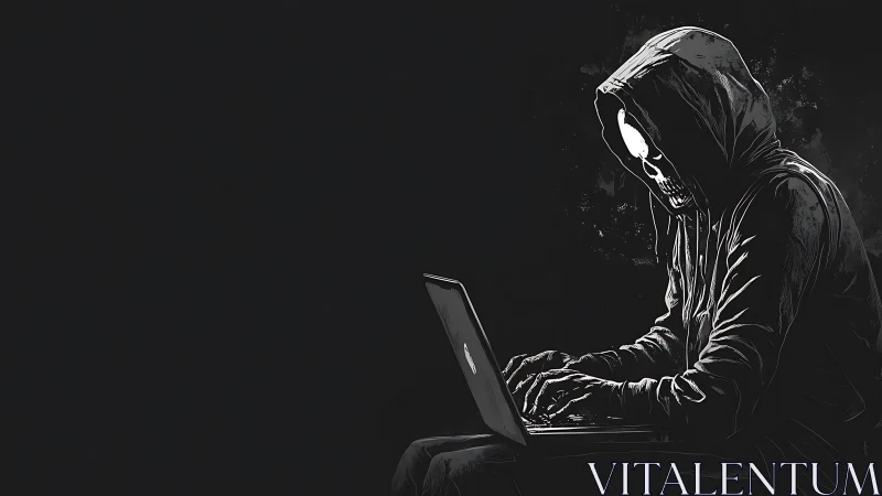 Midnight coder in a skull mask explores the digital abyss.