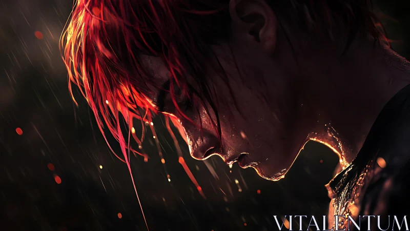 Rainlit profile captures quiet strength in a stormy pause