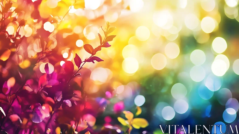 Bokeh garden dream where sunset leaves melt into rainbows.