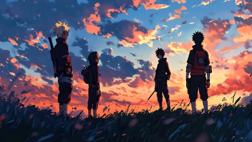 Four anime warriors standing under vivid sunset sky.