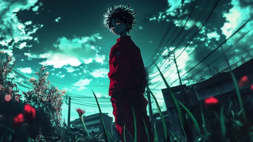 Solitary anime boy in red under teal urban sky.
