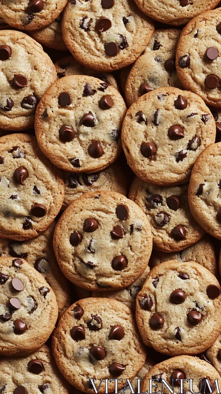Warm chocolate chip cookie pile ready for cozy snacking.