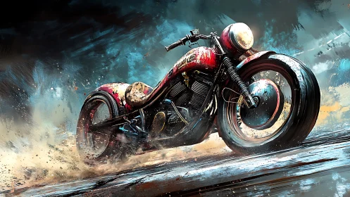 Retro-futuristic cafe racer motorcycle in dynamic drift spray