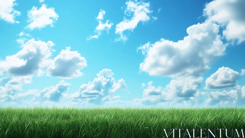Green grass field under blue sky with scattered clouds.