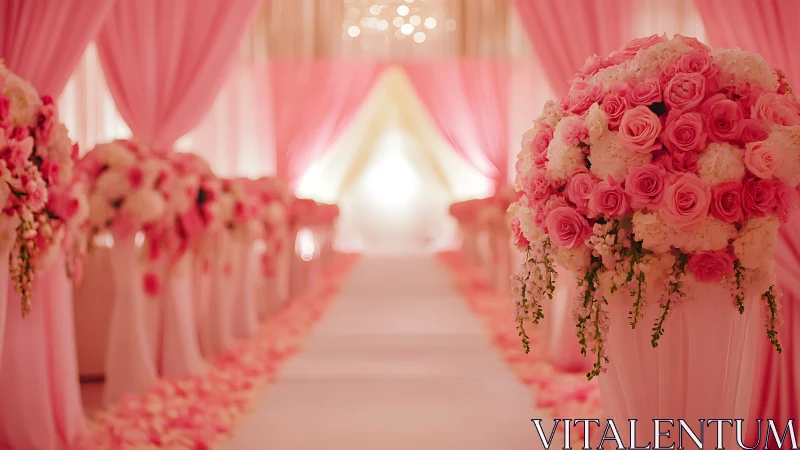 Romantic pink wedding aisle with lush rose arrangements.