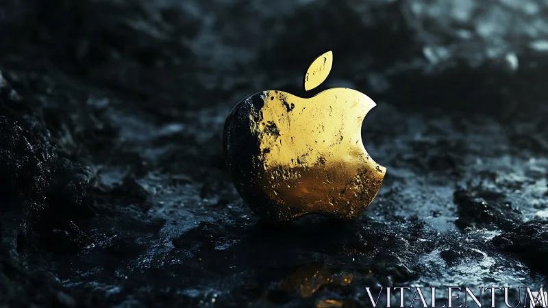 Golden bitten apple logo on dark wet stone surface.