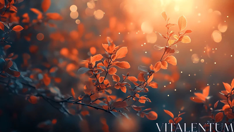 Autumn Leaves Branch in Magical Sunset Light, Dreamy Bokeh Style.