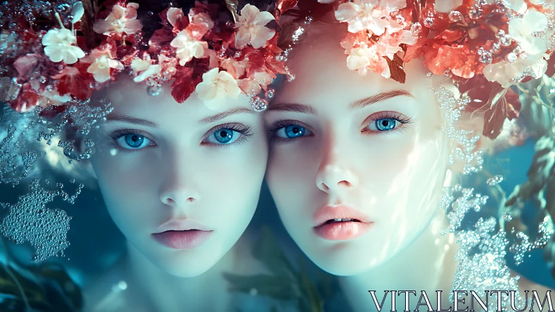 Submerged twin portraits merge florals, bubbles, and aqua light