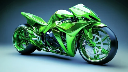 Green futuristic sport motorcycle with reflective fairings.