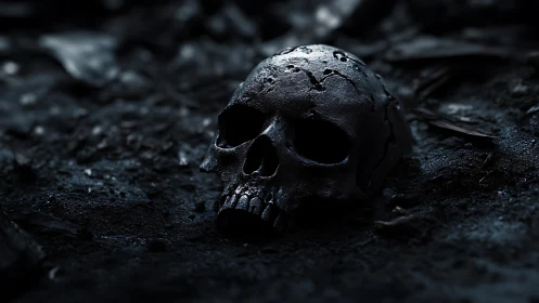Corroded human skull half-buried in wet nocturnal soil