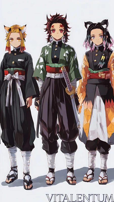 Anime trio in coordinated haori uniforms rendered in crisp cel-shade