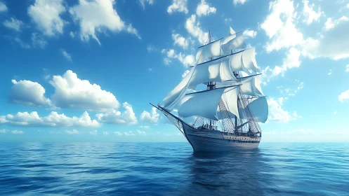 Sunlit tall ship gliding through a glass-blue open sea.
