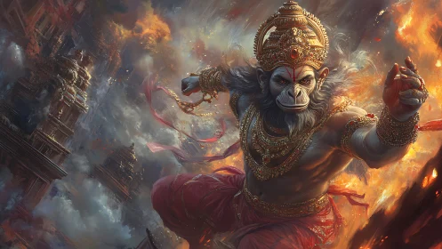 Hanuman warrior leaps through burning temple city storm