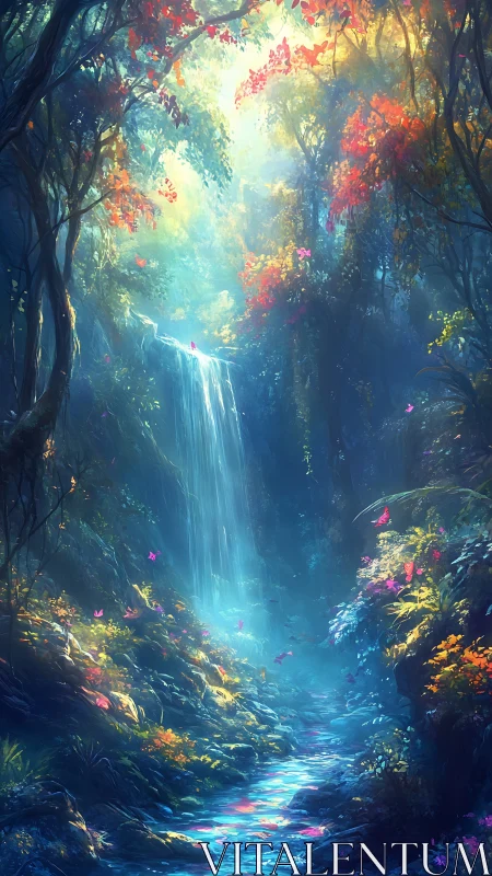 Enchanted Forest Waterfall: Luminescent Foliage and Cascading Streams.