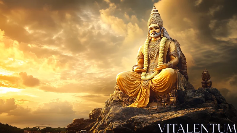 Sun-drenched divine statue meditates above storm-kissed horizon.