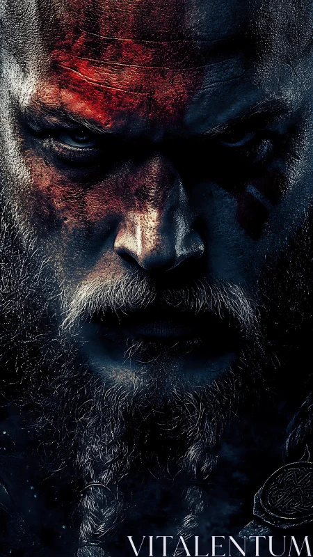 Brooding warrior’s fierce gaze in moody, shadowed light.