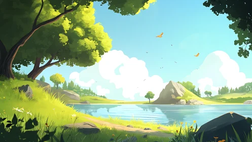 Bright summer lakeside landscape with trees and hills.